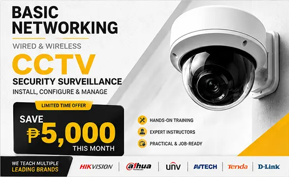 Promotional banner for a Basic Networking and CCTV Security Surveillance course in the Philippines featuring a white dome security camera