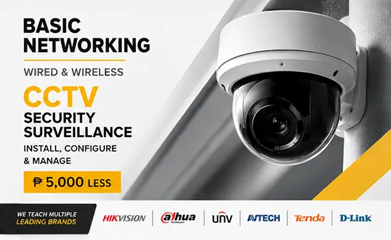 CCTV and networking training banner in the Philippines featuring a dome camera and brand logos for Hikvision, Dahua, UNV, Avtech, Tenda, and D-Link