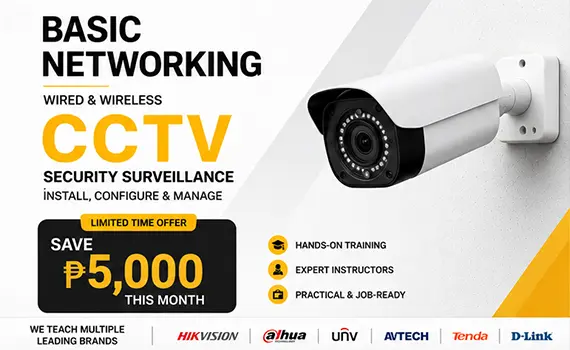 Promotional banner for a Basic Networking and CCTV Security Surveillance course in the Philippines featuring a white dome security camera