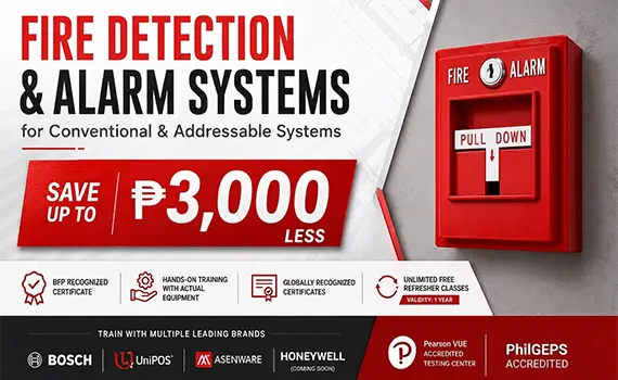 Promotional banner for Fire Detection & Alarm Systems training in the Philippines, featuring a red fire alarm pull station and a discount offer of up to ₱3,000 off.