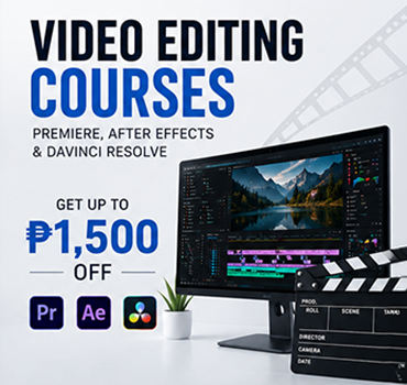 Video editing course banner featuring Premiere Pro, After Effects, and DaVinci Resolve.
