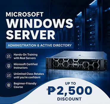 Promotional banner for Microsoft Windows Server Administration and Active Directory training in the Philippines, featuring a server rack image and a ₱2,500 discount offer.